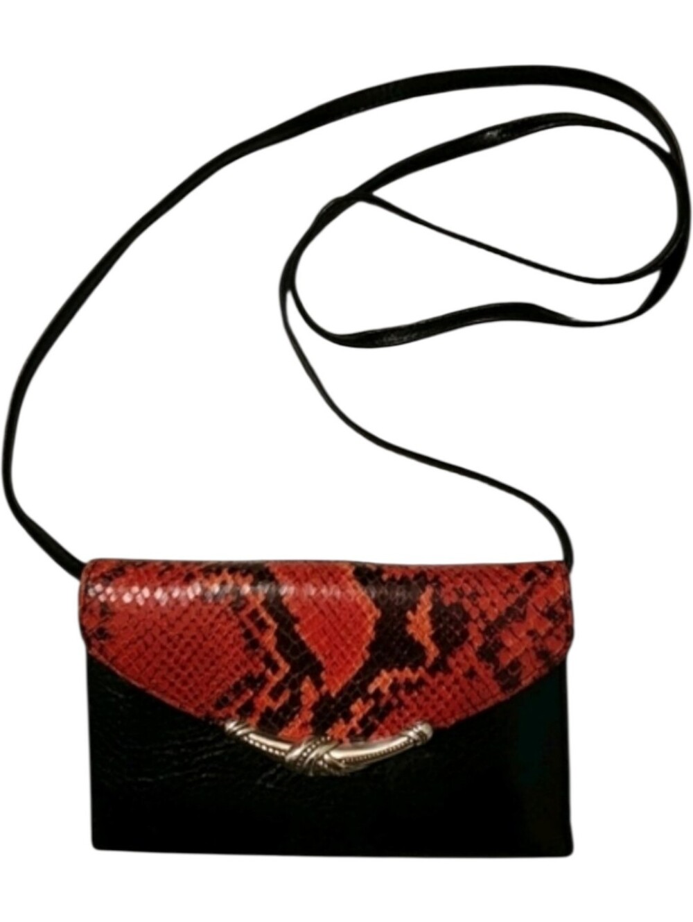 Vintage Brighton Black Leather Crossbody Clutch Bag Red Snakeskin Flap